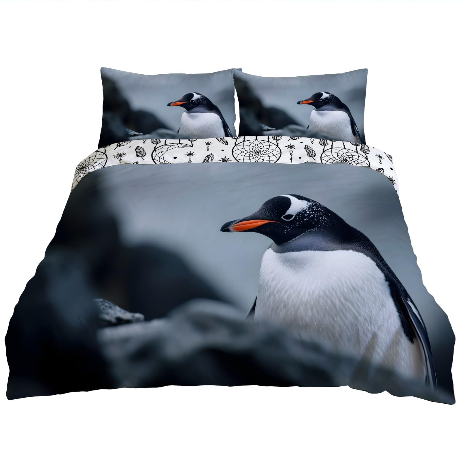 Housse de couette pingouin 240x220 cm réversible en microfibre douce avec taies