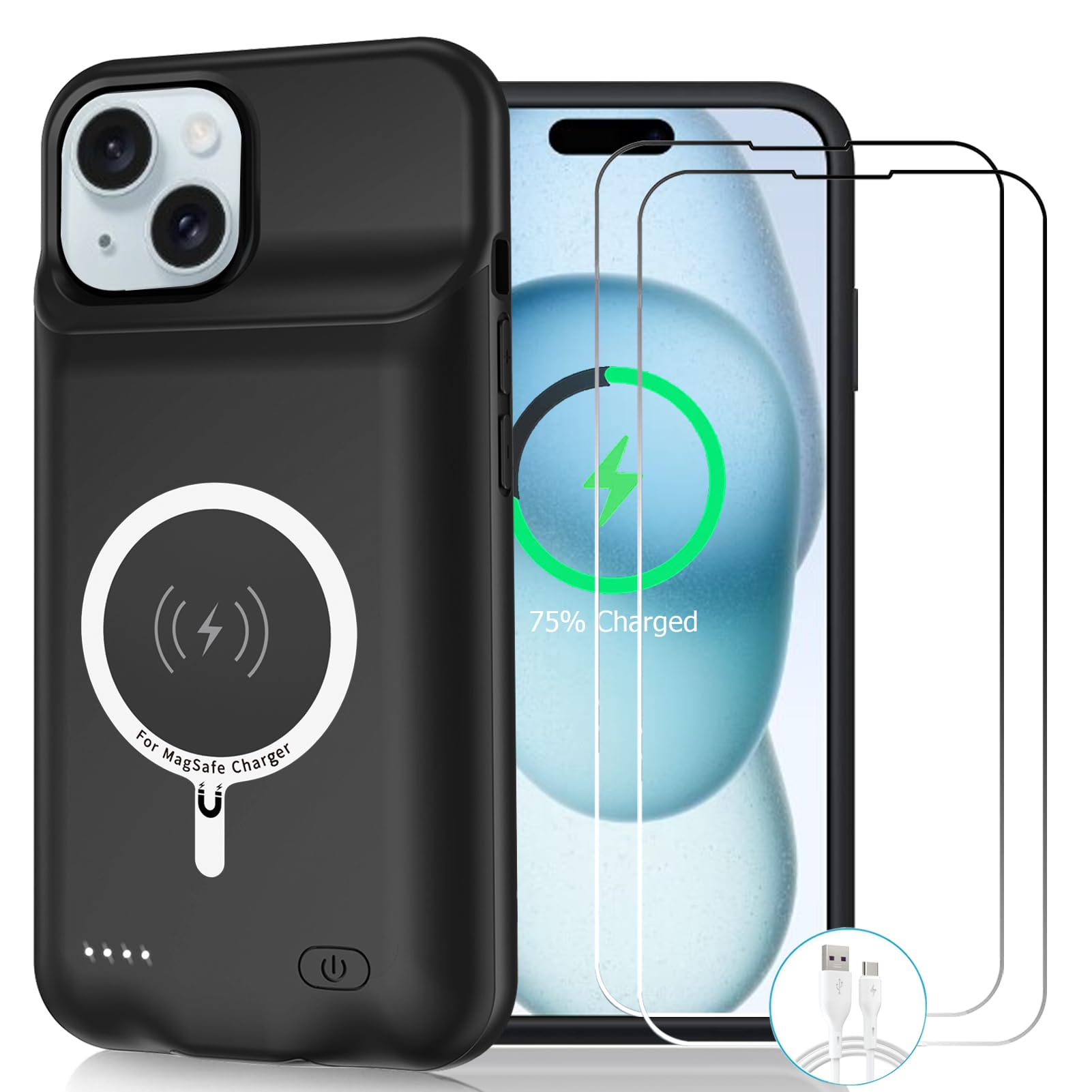 Wireless Charging Case for 15, 10000mAh High Capacity Portable Rechargeable Protective Battery Case Wireless Charging Compatible with 15 (6.1 inch) Extended Battery Charger Case (Black)