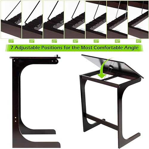 Miniatura 7 de Tangkula Mesa de sofá de bambú, mesa auxiliar ajustable de 7 ángulos con parte superior inclinable y patas estables, bandeja de TV portátil para