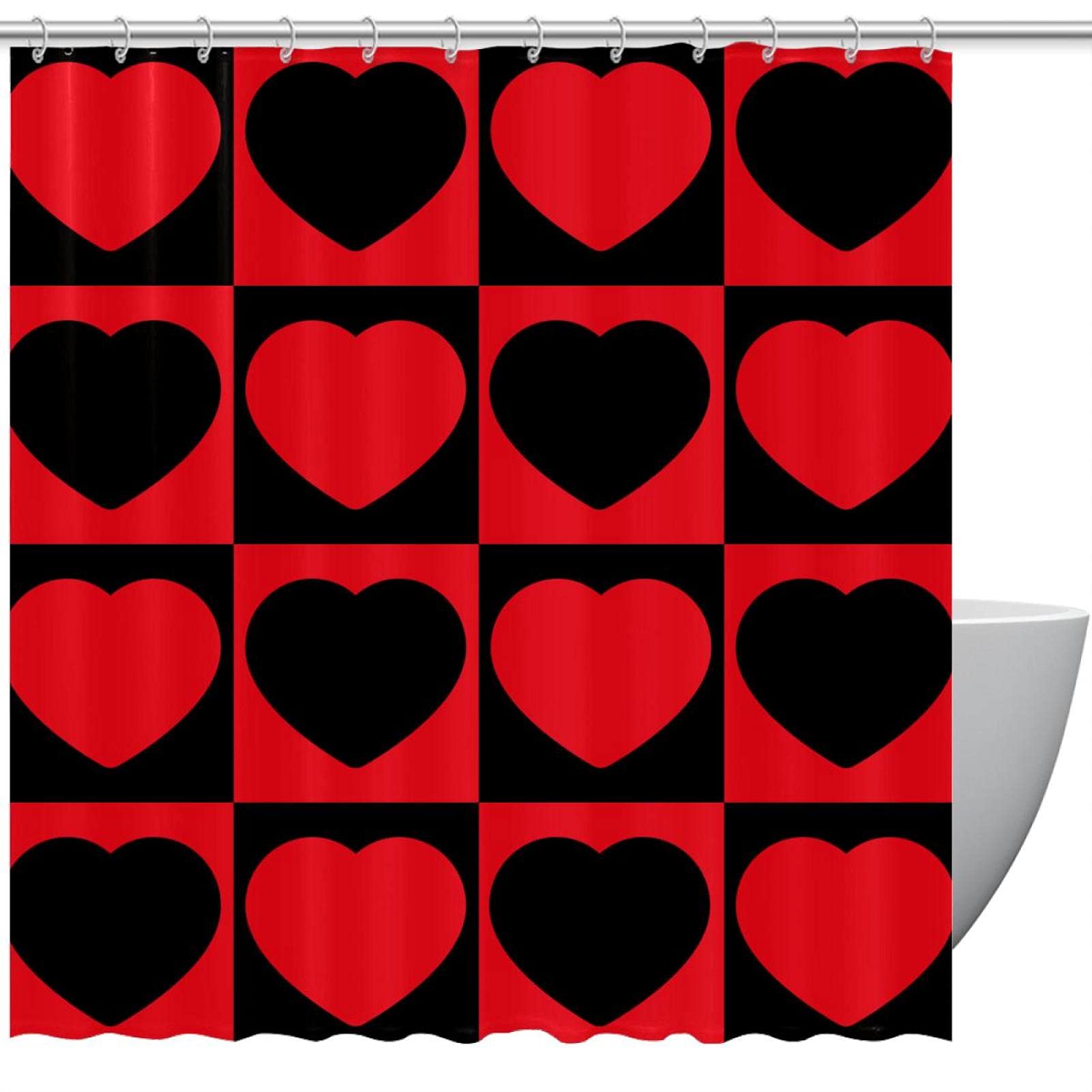 Rideau de douche imperméable motif cœur rouge et noir 183x183 cm avec ses 12 crochets inclus