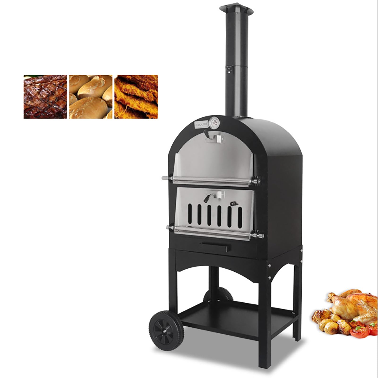 MObyat Forno per Pizza da Esterno, Forno per Pizza in Acciaio su Ruote, con Pietra refrattaria, Grill e griglia a Carbone, Ideale per Barbecue, Campeggio e Feste in Giardino