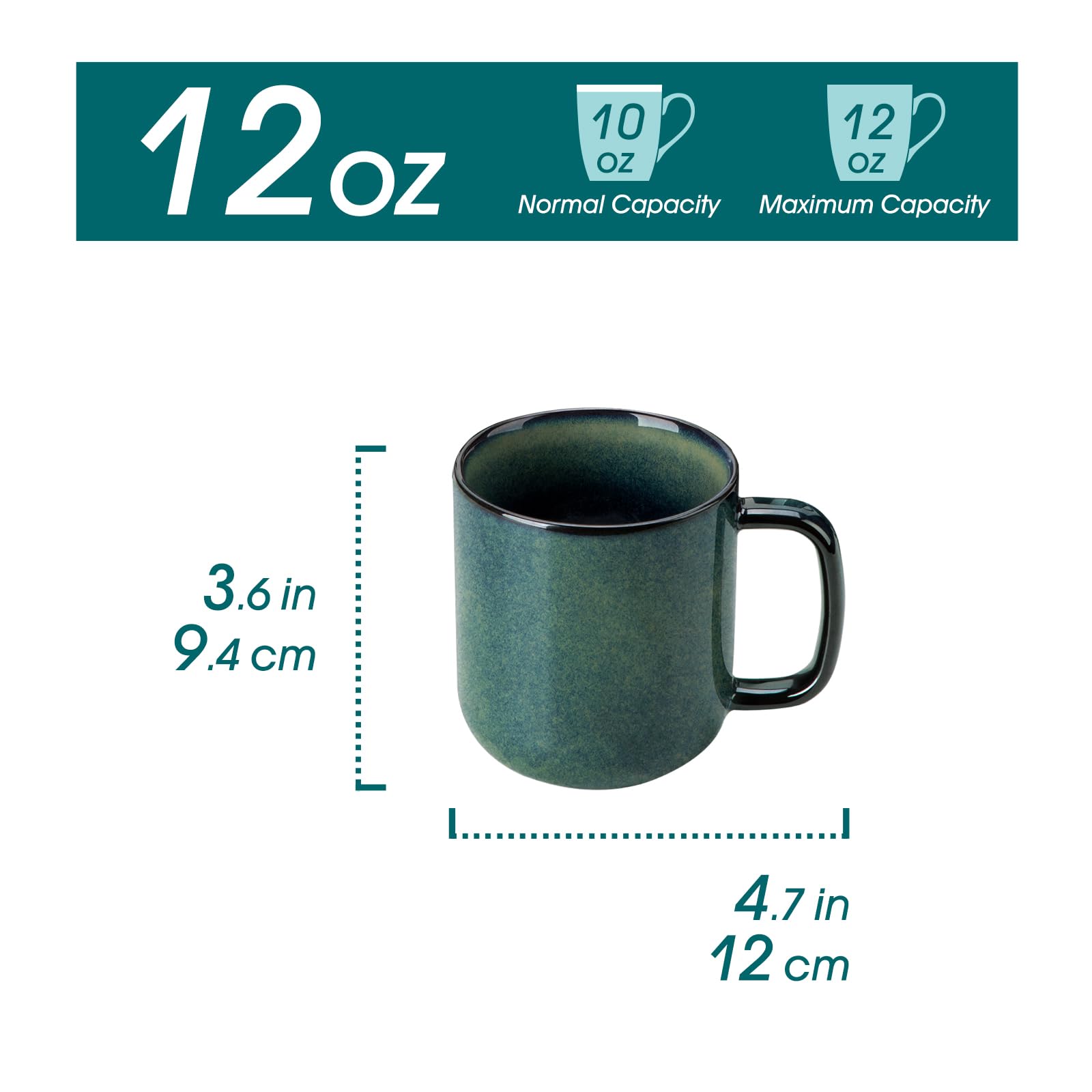 vancasso Starry zestaw 6 filiżanek do kawy z kamionki, dla 6 osób, 360 ml, z uchwytem, filiżanki do herbaty, nadają się do mycia w zmywarce, kuchenki mikrofalowej, zielone
