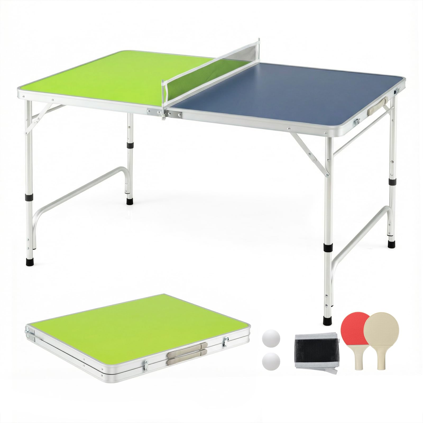 GYMAX Portable Ping Pong Table, Foldable Table Tennis Table with Aluminum Frame, Net, Ping Pong Balls & 2 Paddles, Height Adjustable Compact Game Tables for Indoor Outdoor