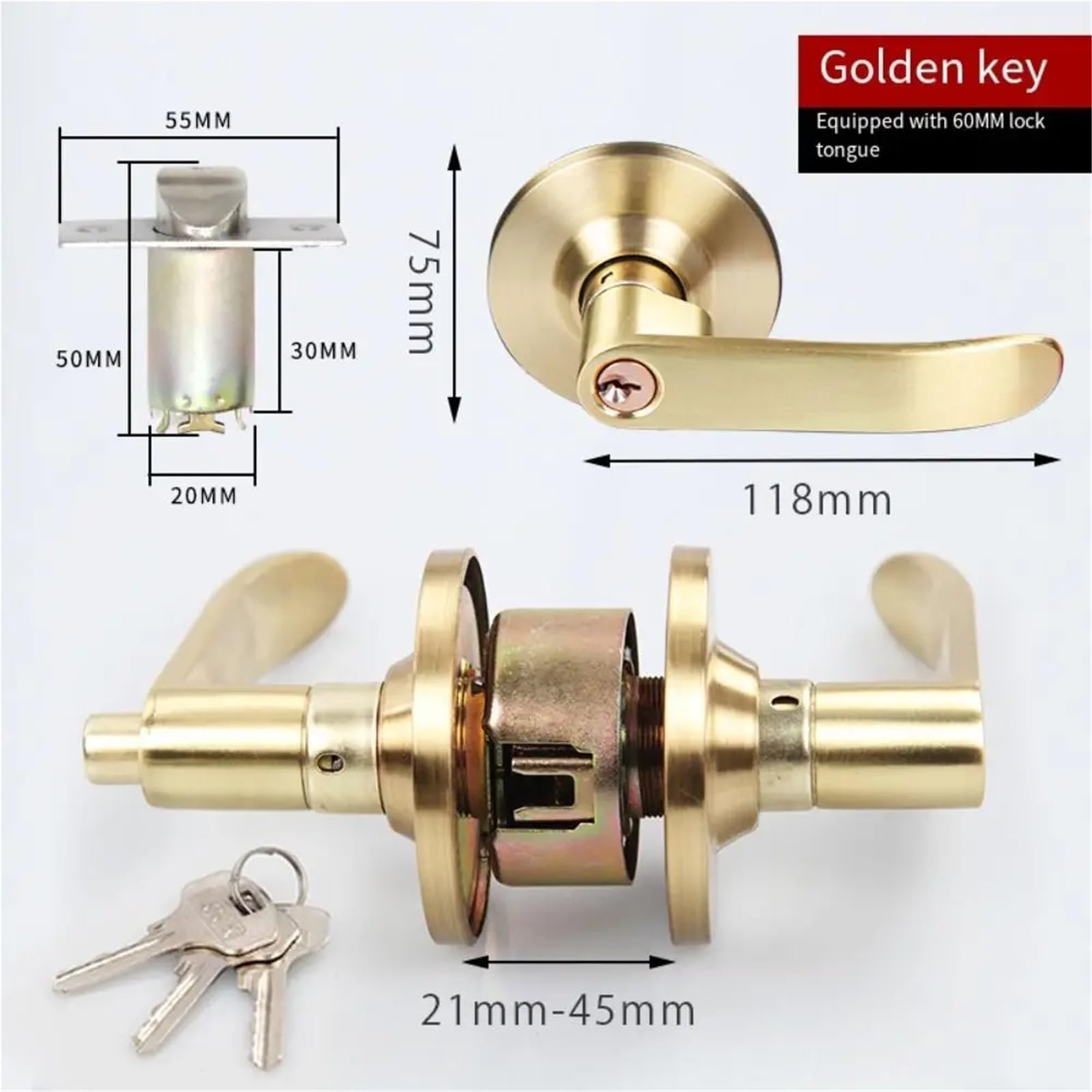 Manija De La Puerta Palanca de bloqueo de puerta Interior Reversible, manija de privacidad con acabado de latón satinado recto, fácil de instalar con borde redondo(Silver-70mm Keyless)