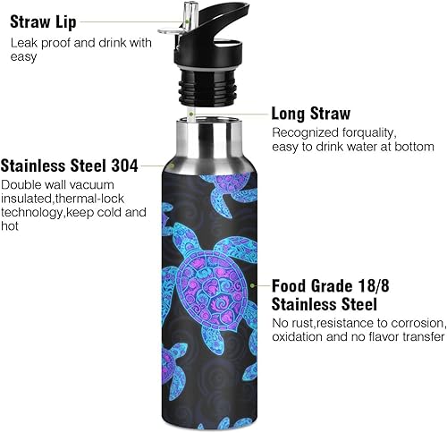 Miniatura 3 de BPA-Free Sports Water Bottle with Straw 32 Oz, Insulated Water Bottle for Gym Outdoor Travel School, Neon Sea Turtles Black