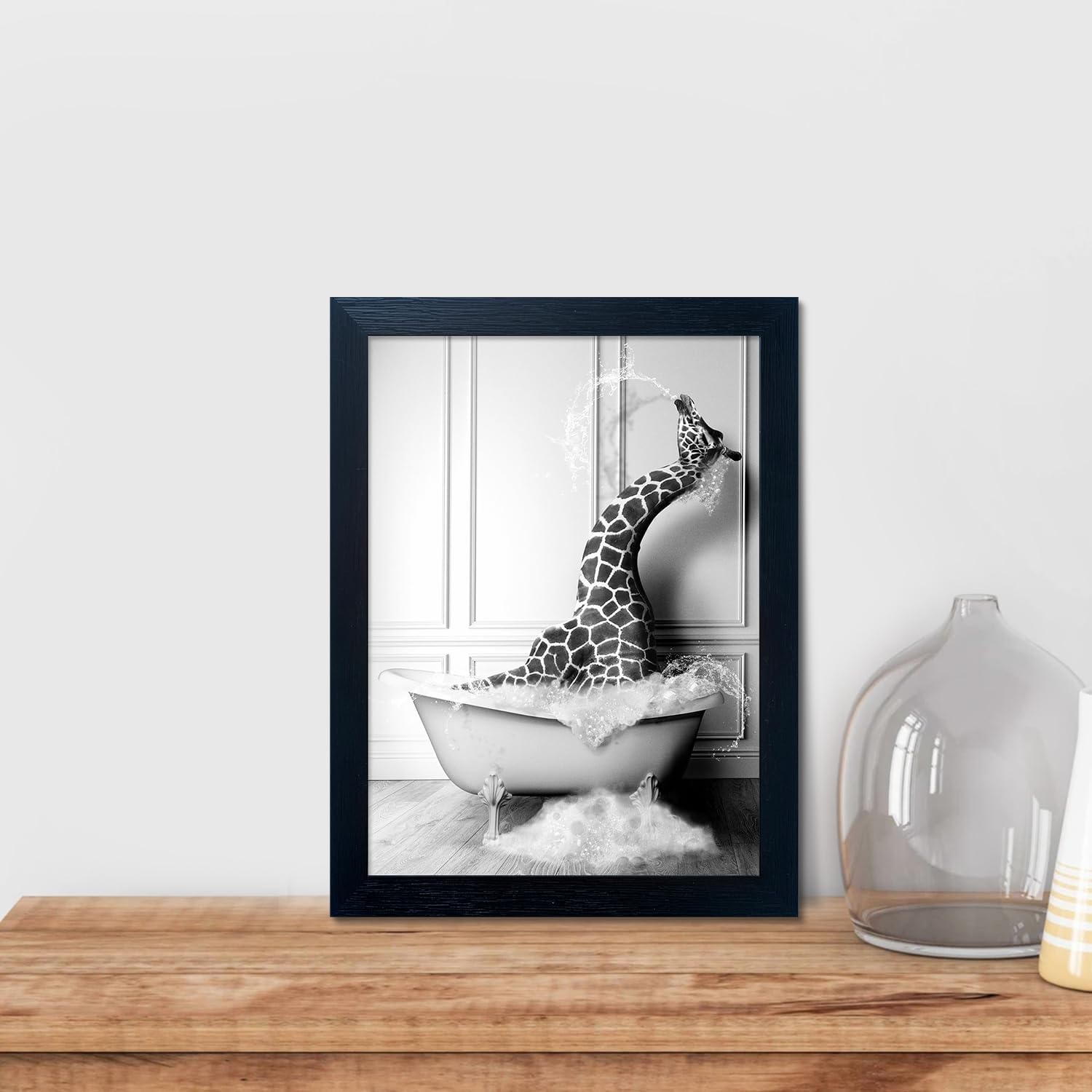 Bathroom Pictures Wall Decor Black and White Wall Art Funny Animal Canvas Print Giraffe in Bathtub Framed Farmhouse Painting Kids Bathroom Signs Decor