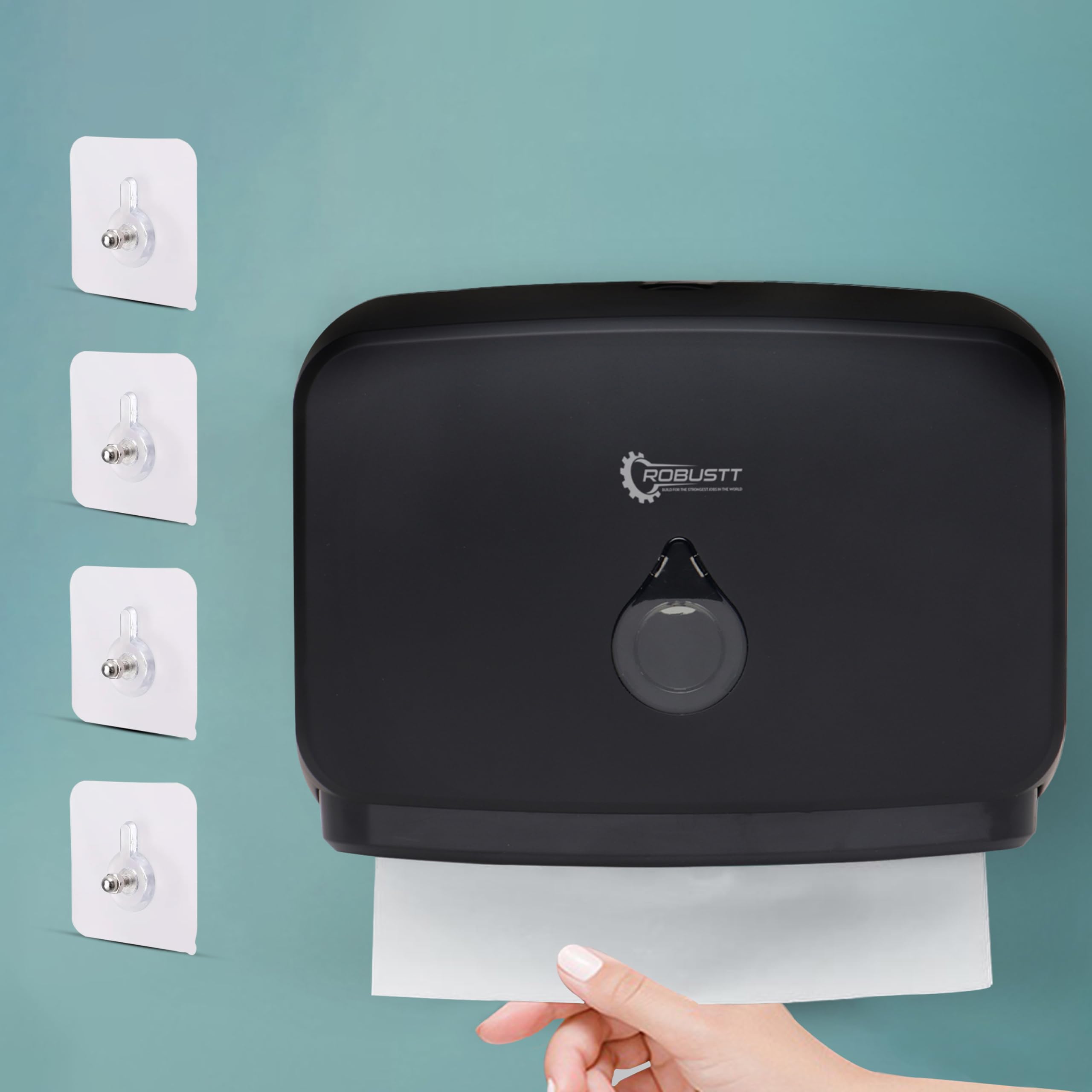 Robustt Wall-Mounted V/N/M Fold Paper Hand Towel Dispenser - Black (with 4 Adhesive Hooks) | Large Capacity | Durable ABS Material | Water-Resistant | Push Button Lock (Pack of 1)-image-24