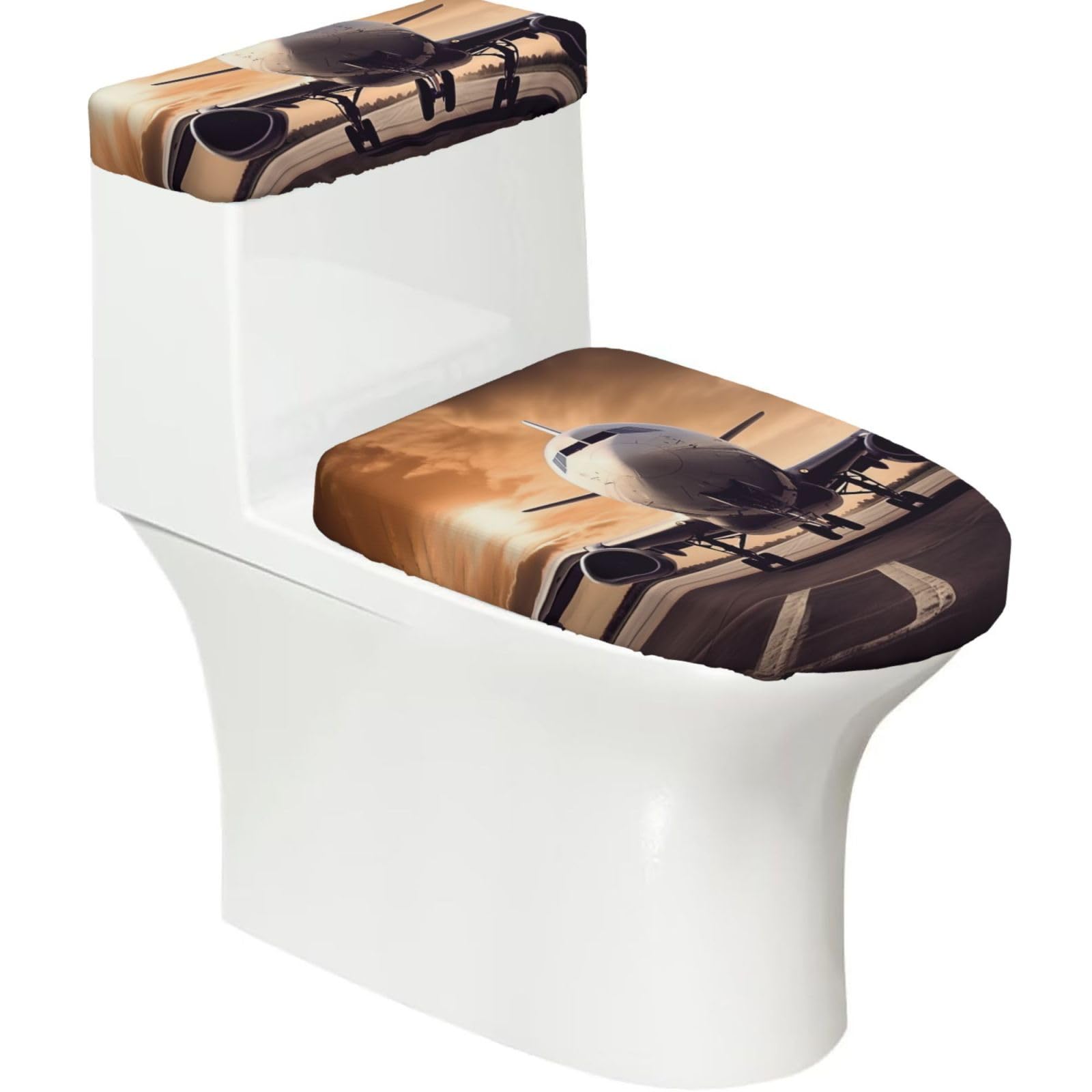 Fodpand Black Airplane Toilet Lid Cover And Toilet Tank Cover Set, Washable Soft Toilet Seat Cover With Elastic Bottom, Universal Stylish Toilet Cover Set For Bathroom Decor Accessories