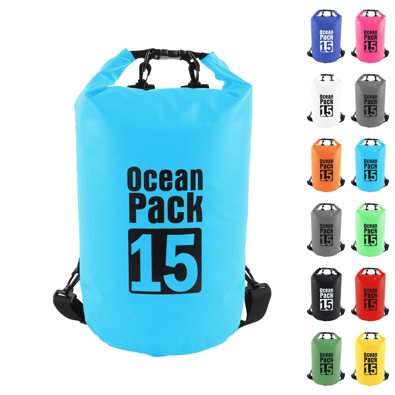 MOMAHUA 15L Waterproof Dry Bag Backpack with Double Shoulder Straps - Sky Blue Durable PVC Roll Top Dry Sack - Heavy Duty Reusable Rucksack for Kayaking, Boating, Beach & Travel
