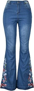 Women Floral Printed Skinny Jeans Stretch Bootcut Denim Pants Fitted Embroidered Bell Bottom Jeans with Pockets