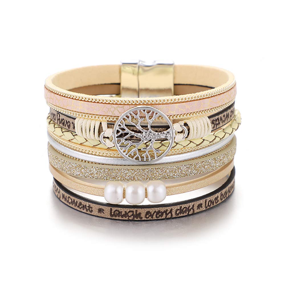 Tree of Life UEUC Multilayer Handmade Boho Magnetic Buckle Leather Cuff Bracelet Casual Wristband for Women and Girls