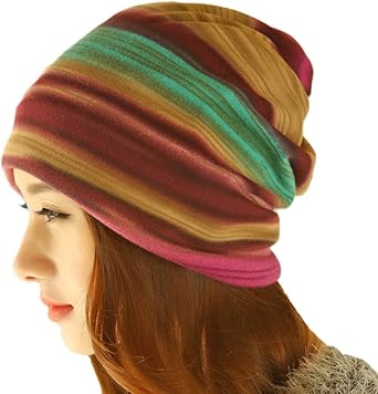 Womens Winter Fleece Rainbow Stripes Convertible Beanie Hat Cap Hood Headgear