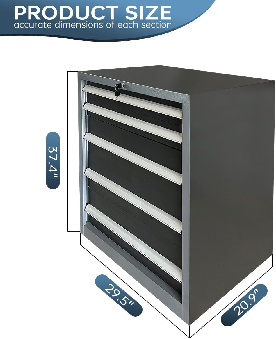 JZD Steel Tool Storage Cabinet with Lockable 5 Drawers for Garage Workshop Office, No Assembly Required, Black & Grey