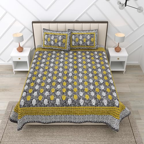 Image of RajasthaniKart 100% Cotton 180 TC King Size BEDSHEET with 2 Pillow Cover - 90X108 (Suitable for King Size Bed Sheet or Double Bed, Grey Booty Jaipuri, 5301)
