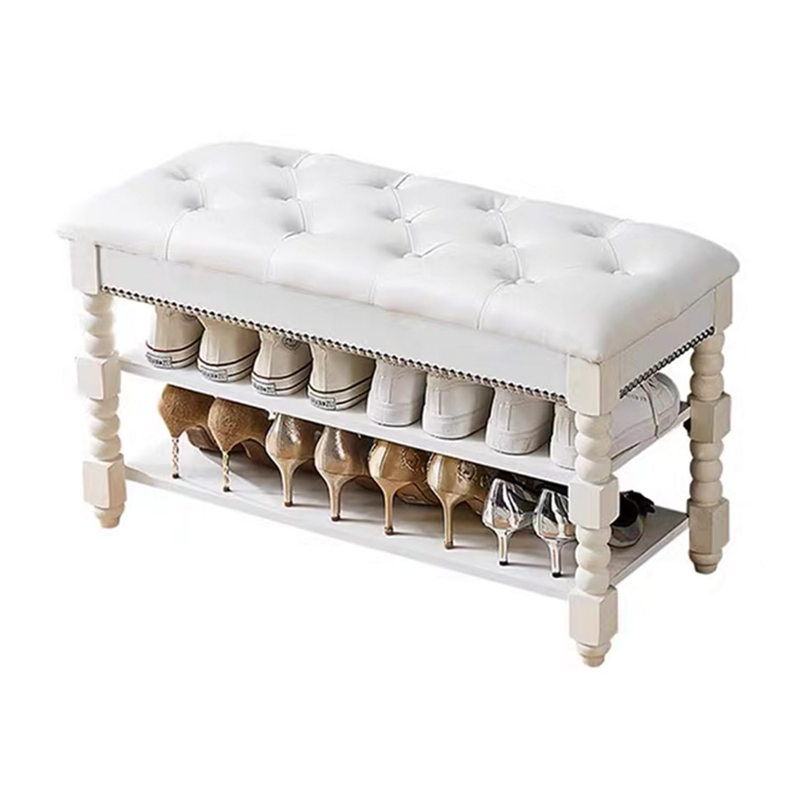 GDMDPTE Multi-Functional Shoe Rack Bench with Cushion Adjustable Shelves Flip Lid Storage Solid Wood Shoe nizer for Entryway - White 31.5 IN Size
