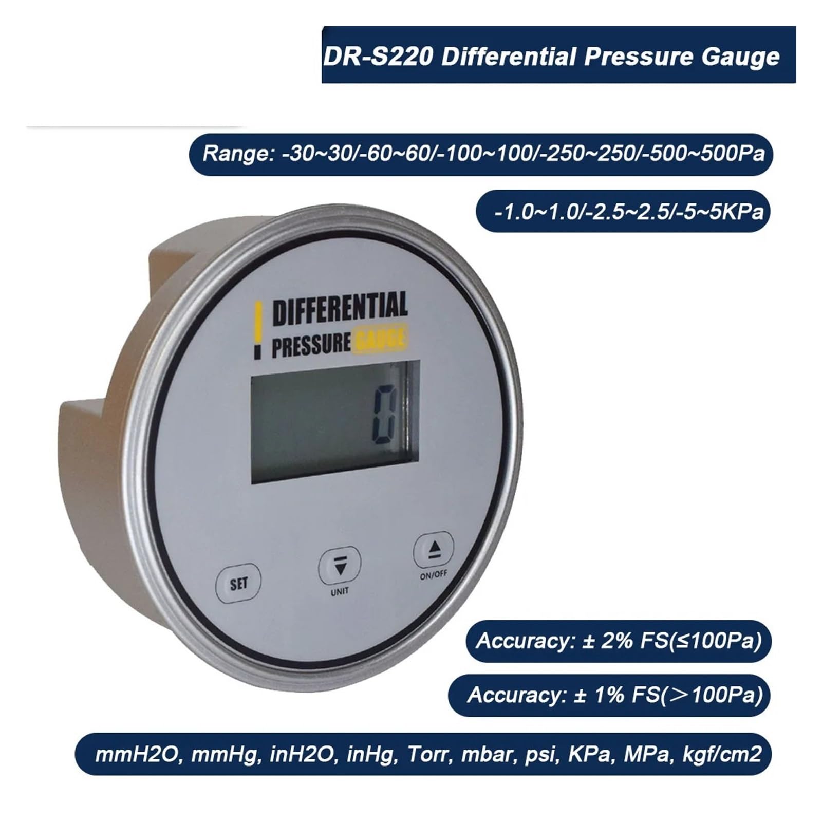 Differenzdruckmessgerät, Genauigkeit 1% FS, batteriebetrieben for Reinraum- und Klimaanlagen-Filtrationsmanometer(-125-125Pa)