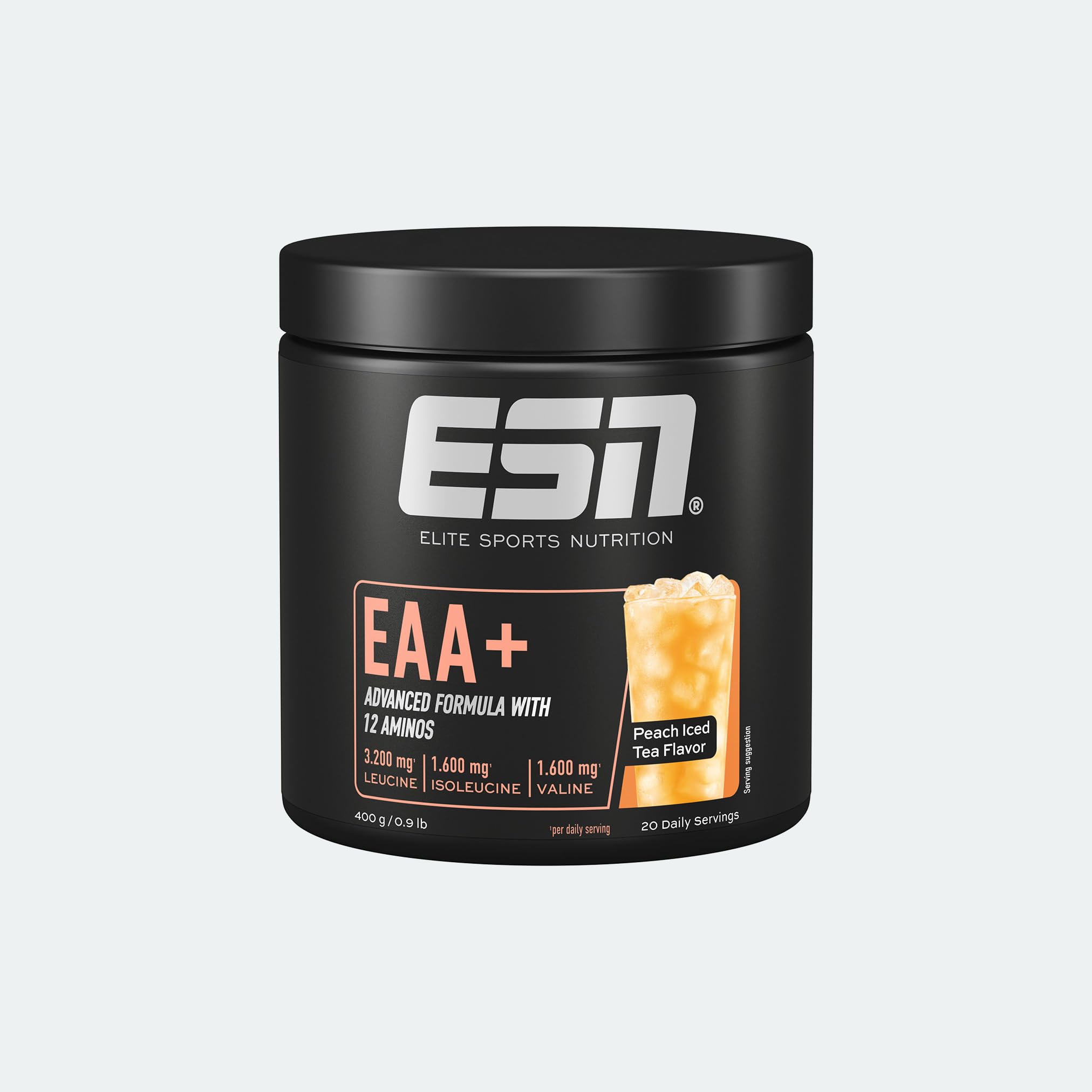 ESN EAA+, Té helado de melocotón, 400 g, los 9 aminoácidos esenciales y vitamina B6, 3,2 g de leucina por ración, solubilidad óptima, vegano - fabricado en Alemania