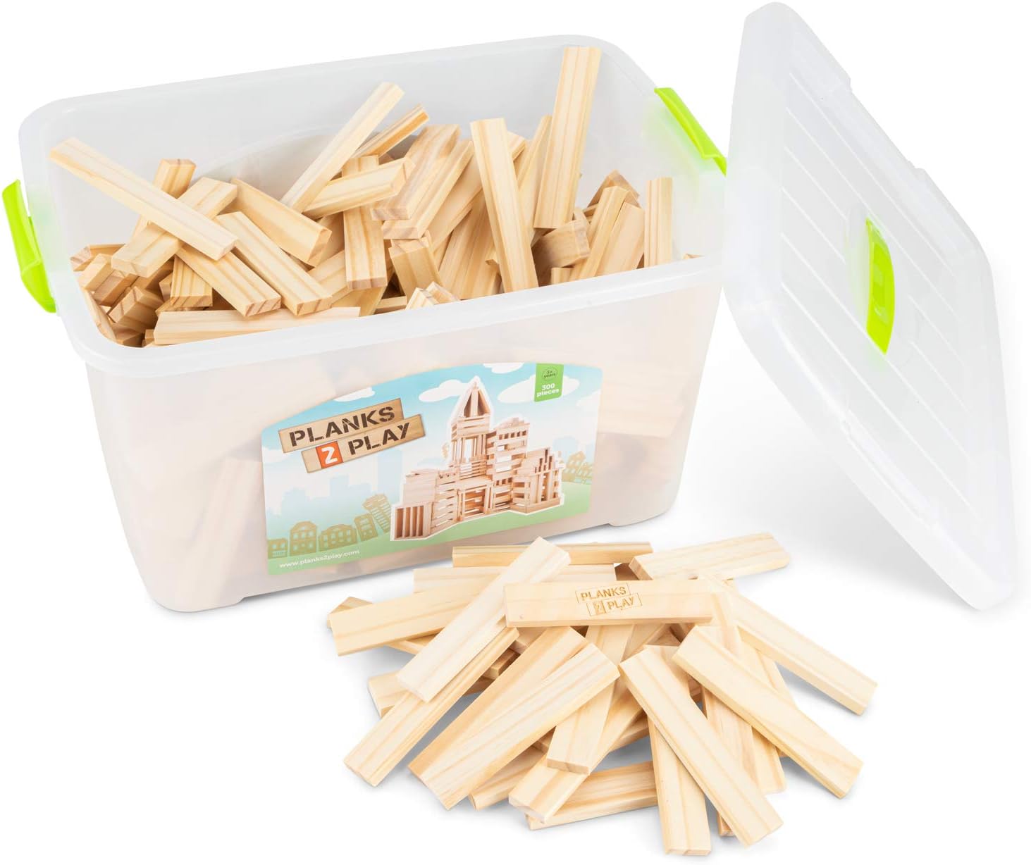 New Classic ToysP2P0300 Planks2Play Wooden Building Planks in Box Educational Perception Toy for Preschool Age Toddlers Boys Girls, Multi Color, 300 Pieces-Natural