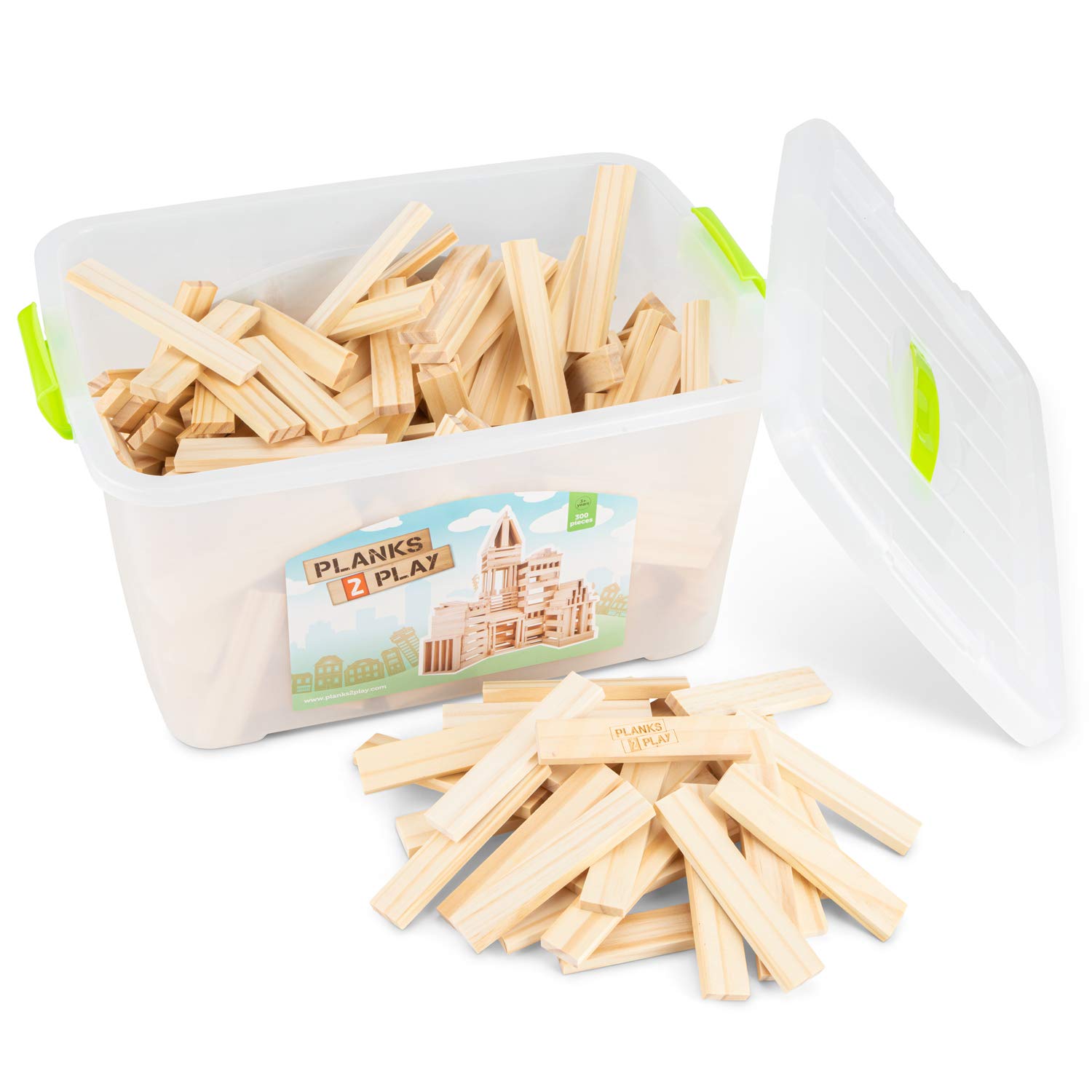 New Classic ToysP2P0300 Planks2Play Wooden Building Planks in Box Educational Perception Toy for Preschool Age Toddlers Boys Girls, Multi Color, 300 Pieces-Natural