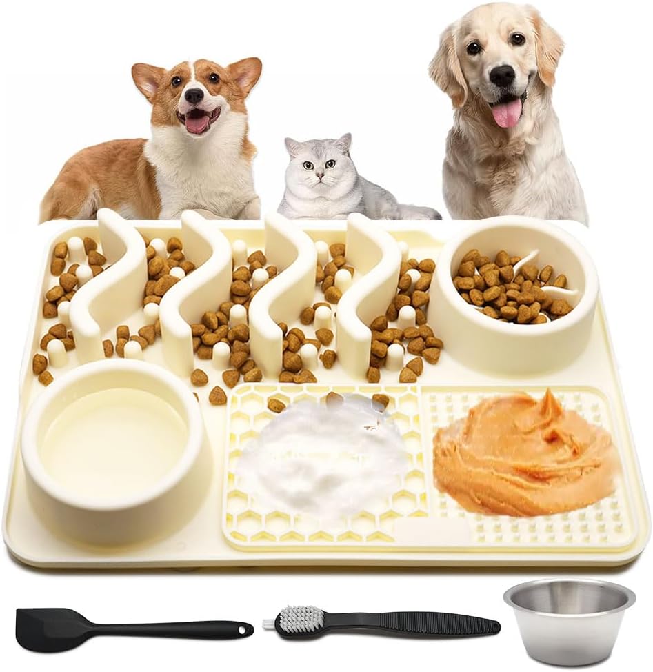 Silicone Lick Feeding Mat for Dogs Cats Slow Feeder Food Stimulating Puzzle Activity Anxiety Relief Pet Mats with Water Bowl&Brush (Beige)