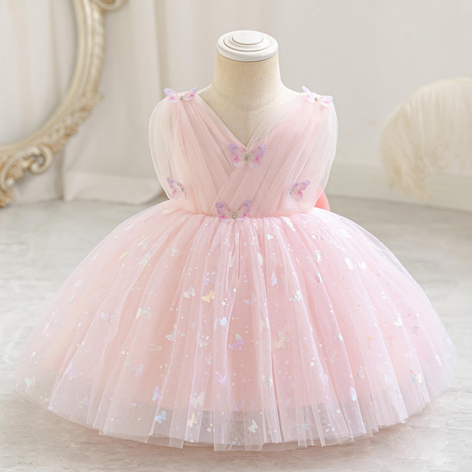 IDOPIP Bebé Niña Sin Mangas V - Cuello Tul Tutú Vestido Princesa Flor Chica Vestido Arco Elegante Cumpleaños Celebración Formal Fiesta Vestido De Fiesta