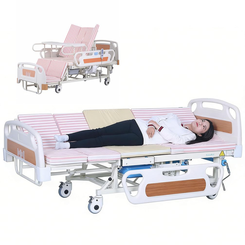 Letto ospedaliero elettrico per uso domestico con inclinazione laterale, letto medico multifunzione regolabile adatto a diverse tipologie di pazienti, con telecomando e materasso.