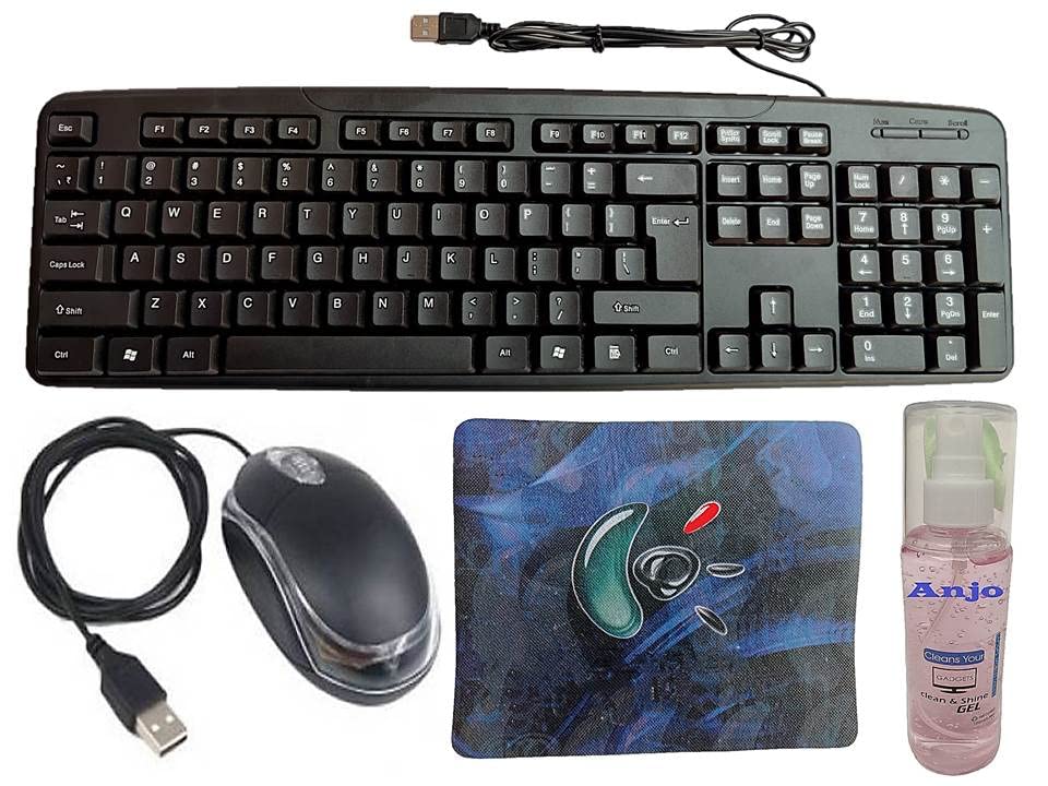 Anjo 4 in 1 Combo of USB Keyboard, USB Mouse, Mouse Pad, Cleaning Gel with Cloth 100ml