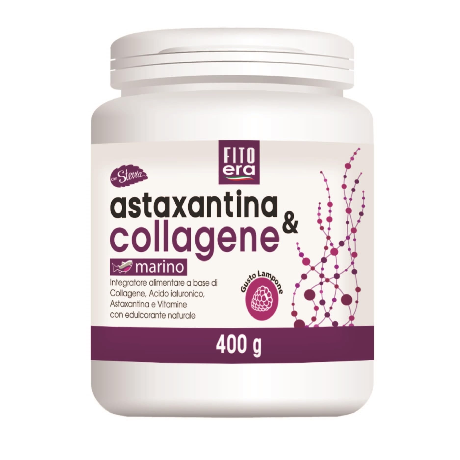 FITOERA Astaxantina & Collagene Marino in polvere 400 g - Integratore Antiossidante con Acido Ialuronico, Vitamina C, Vitamina E con Stevia e Lampone