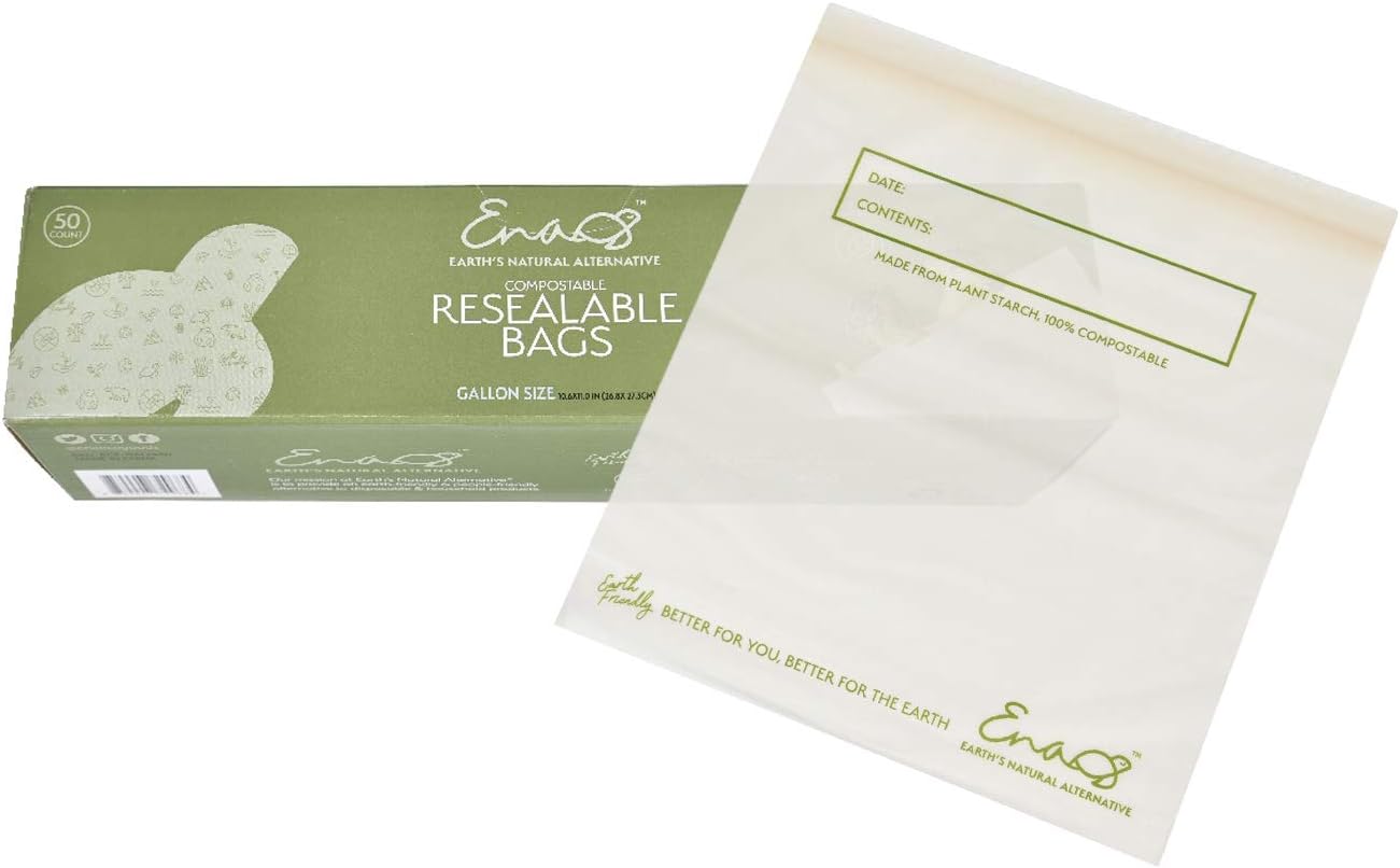 100% Compostable Food Storage Bags [Gallon 50 Pack] Eco-Friendly Freezer Bags, Resealable Bags, Heavy-Duty, Reusable, Off-White by Earth's Natural Alternative
