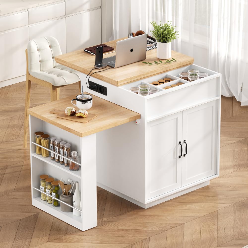 Sapgaks Table de Bar,Îlot de Cuisine sur roulettes,Table à Manger Extensible avec éclairage LED, Table de Cuisine avec multiprises, Sert d'îlot de Cuisine, de Buffet ou de Table de Bar (Blanc-2)