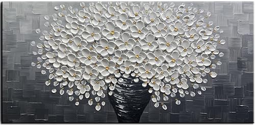 YaSheng Art - Pintura al óleo de flores blancas sobre lienzo, textura gruesa 3D, florero floral blanco y negro, arte de pared, arte abstracto