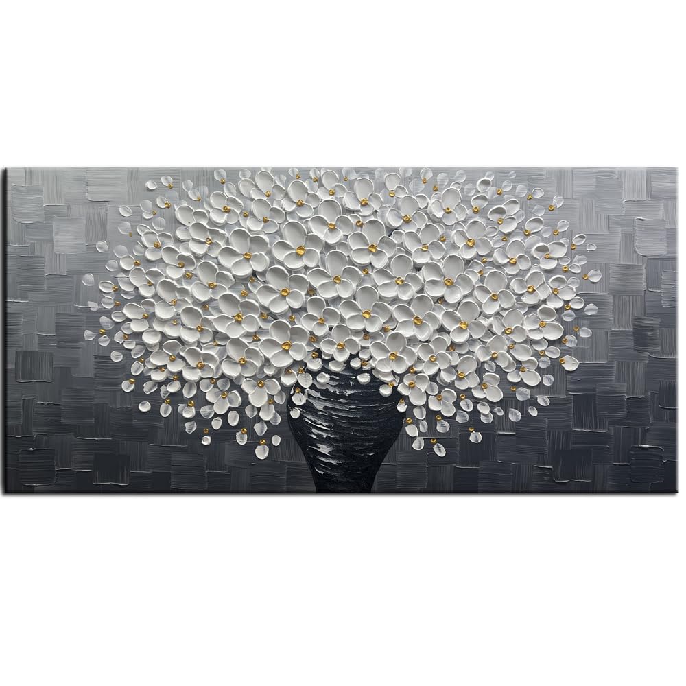 YaSheng Art - White Flower Oil Painting on Canvas 3D Thick Texture Black and White Floral Vase Canvas Wall Art Modern Abstract Art Home Bedroom, Dining Room, Living Room, Office Wall Decor 24x48inch
