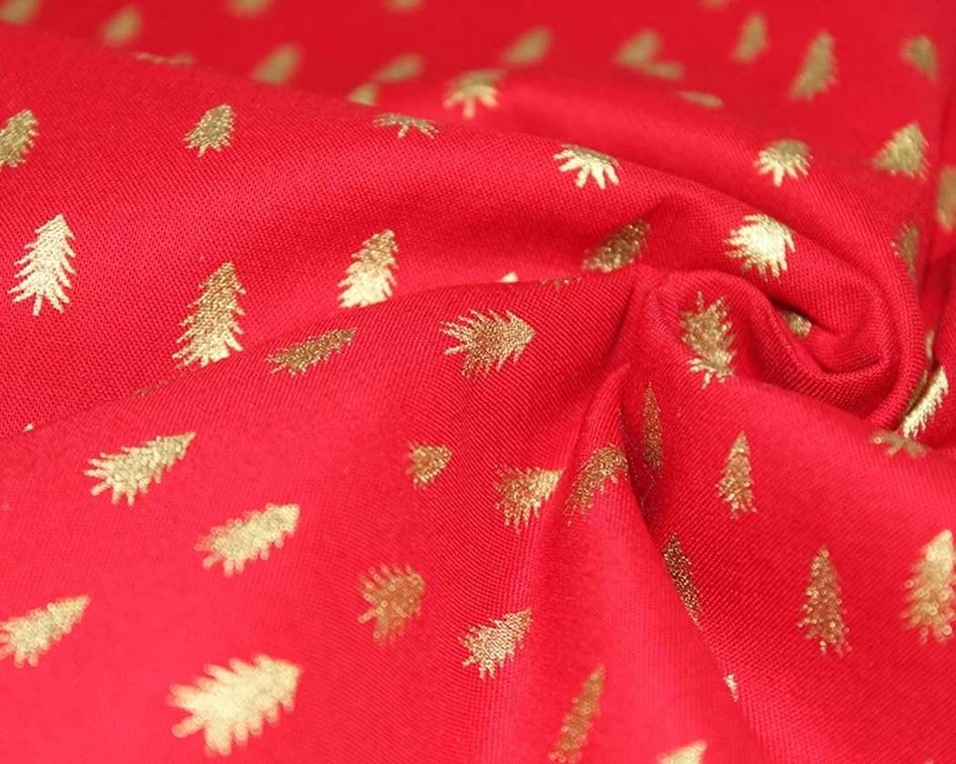 Glamour Secrets Red/Gold Christmas Fabric - Metallic Trees On - Xmas Craft Fabric Material Metre - 140Cm Wide