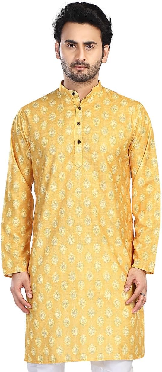 In-Sattva Men's Cotton Folk Print Banded Collar Knee-Length Kurta Tunic; Turmeric Yellow; LG