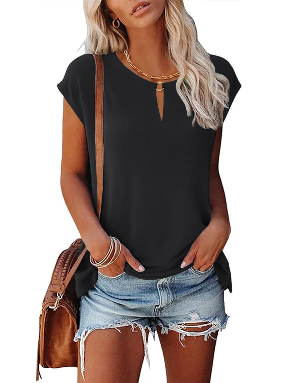 Tanmolo Women's T-Shirt Tops Summer with Cap Sleeves & Metal Ring V-Neck Elegant Casual Shirt Blouse for Leisure and Everyday Use