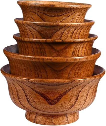 Vzqr 天然木製 汁椀・お椀 サラダボウル 食洗機対応 原木 5サイズセット 和食に最適 味噌汁・ご飯・サラダ用 家庭用・業務用 軽量 耐久性 (5サイズセット,原木)