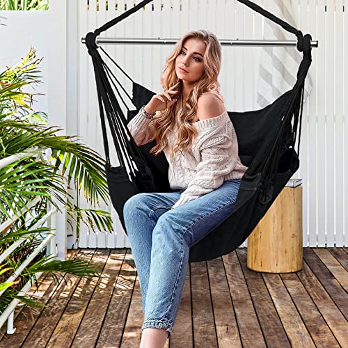 Gocvo Hammock Chair Hanging Rope Swing - Hanging Chair For Bedroom, Indoor, Outdoor, Hammock Swing With Hardware Kit Steel Spreader Bar With Anti-Slip Rings(Cushions And Pillows Not Include,Black) #TOP3