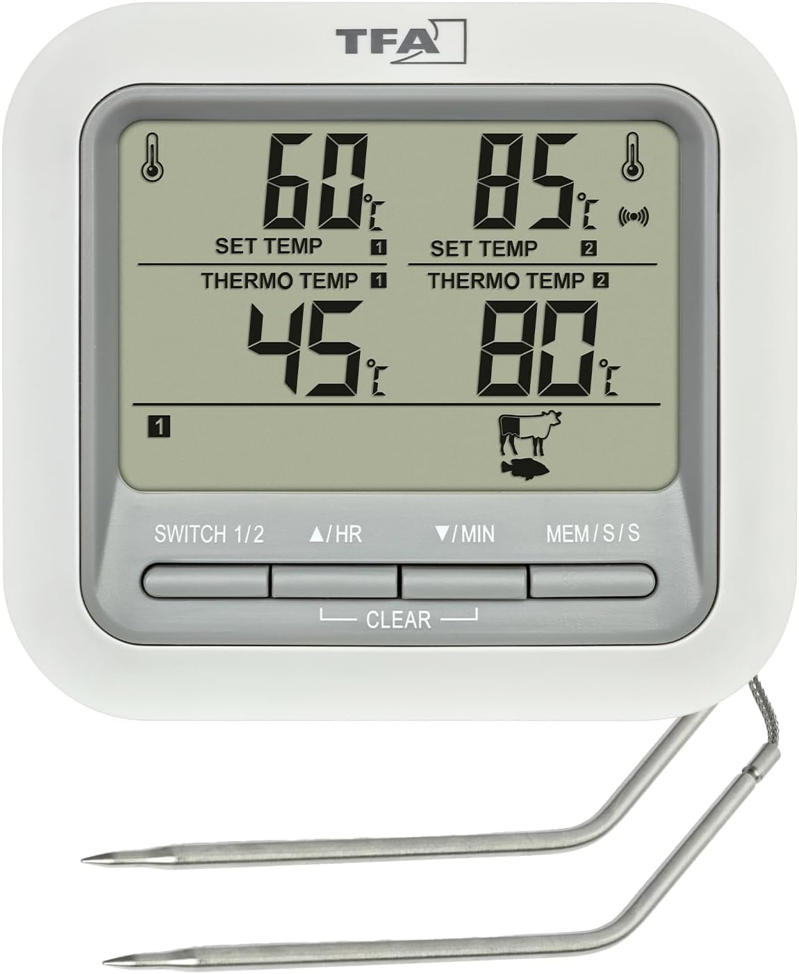TFA Dostmann Termometro digitale per arrosti, 14.1516, con 2 sonde in acciaio inox, termometro per carne, fino a 300°C, con funzione di allarme, manzo/maiale/pollo/pesce (bianco con batterie)