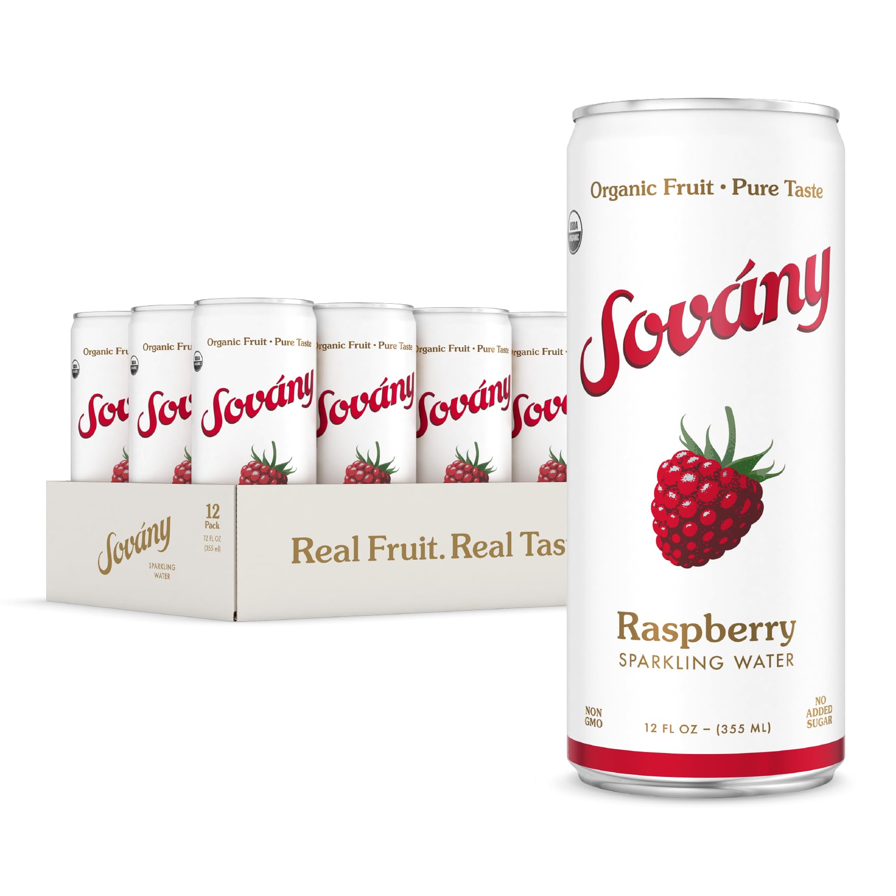 Sovány Sparkling Water, Raspberry, Seltzer Water Drinks, USDA Organic, Made With Real Fruit, Non-GMO, Vegan, No Added Sugar, Low Calorie, 12 fl oz, 12 Pack