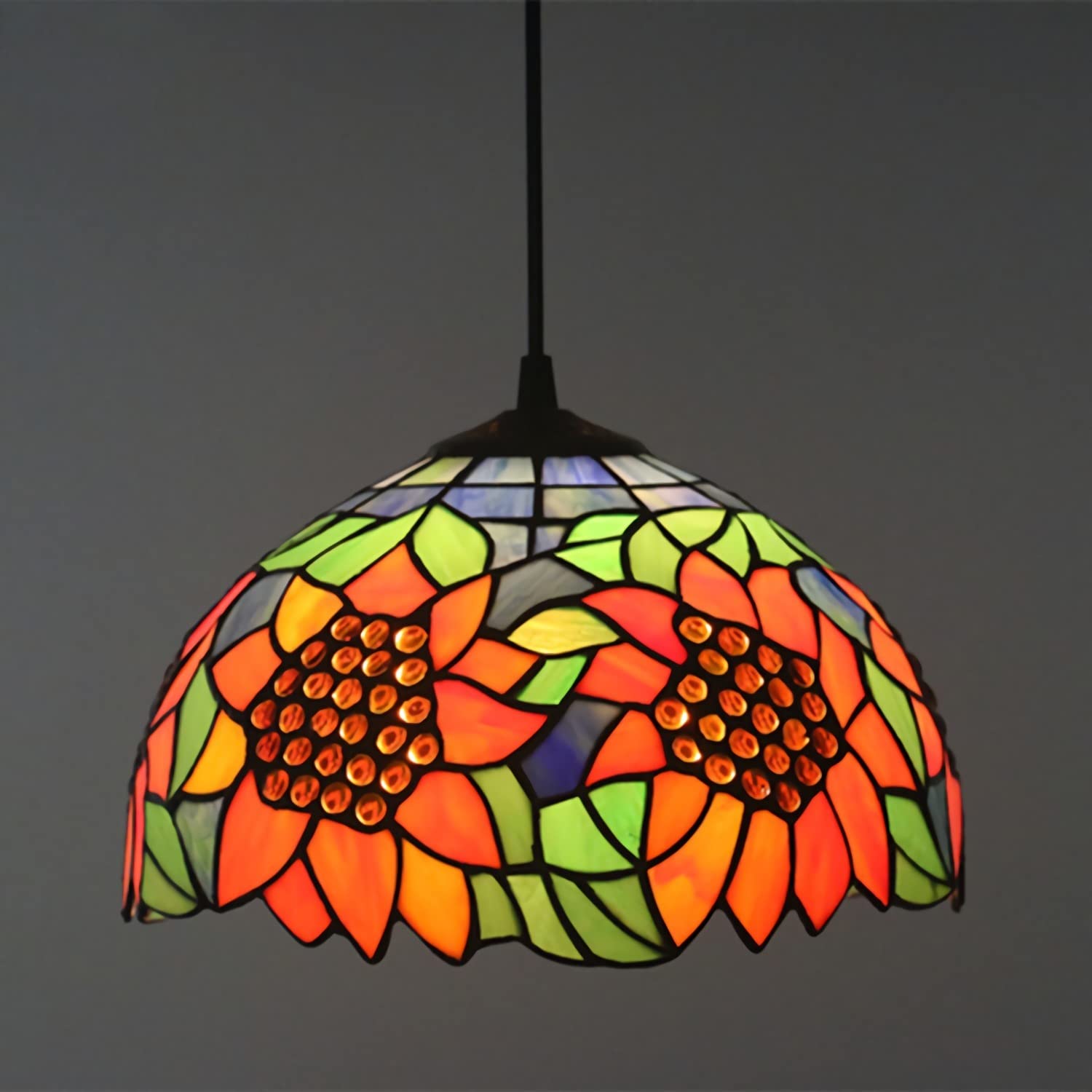 Lampe Suspendue Vitrail Fleur de Soleil avec Chaîne Métal 12'' - 6
