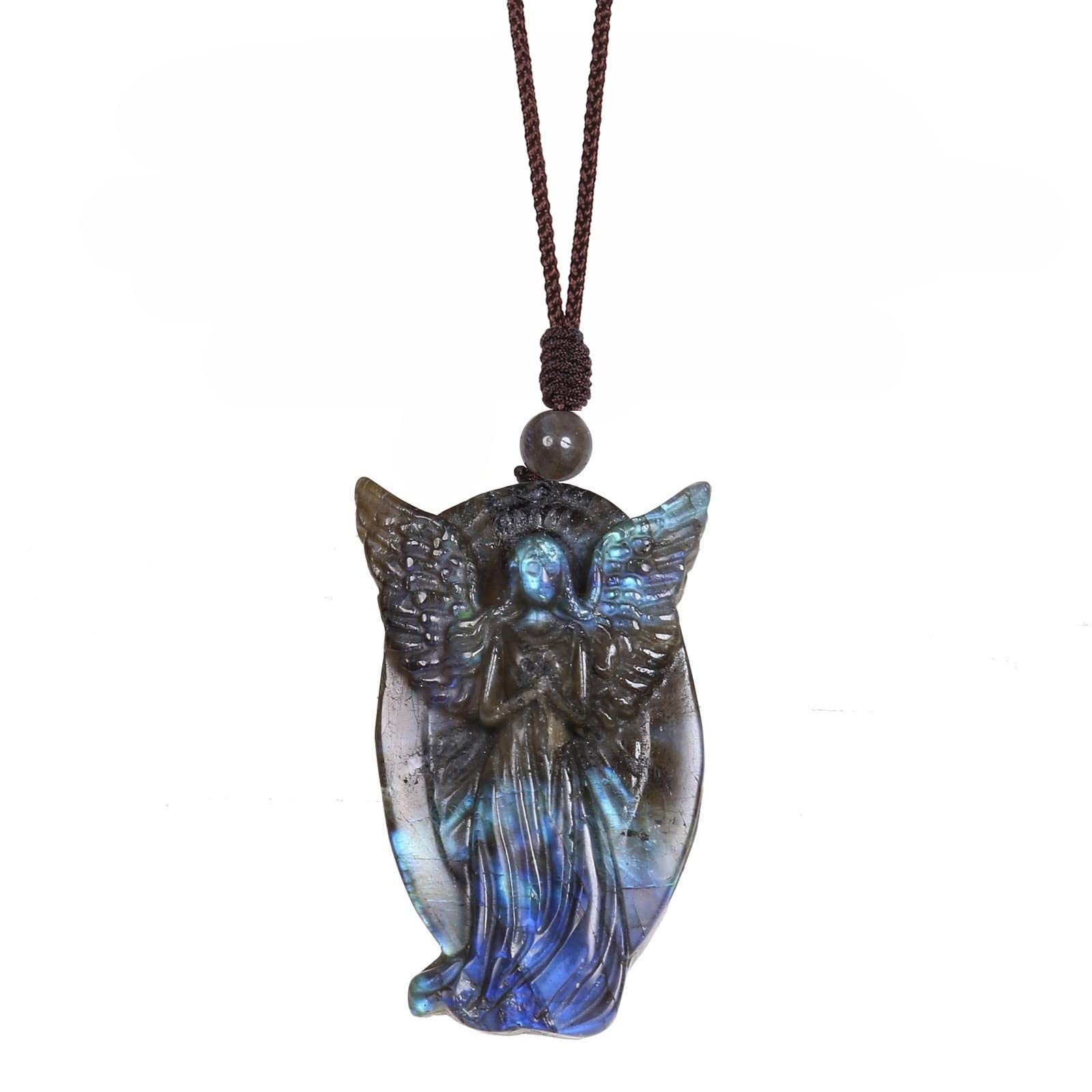 TUMBEELLUWA Collana con ciondolo in labradorite naturale, unisex, realizzata a mano, amuleto, con cordino regolabile, pietra di cristallo di labradorite, pietra di cristallo labradorite