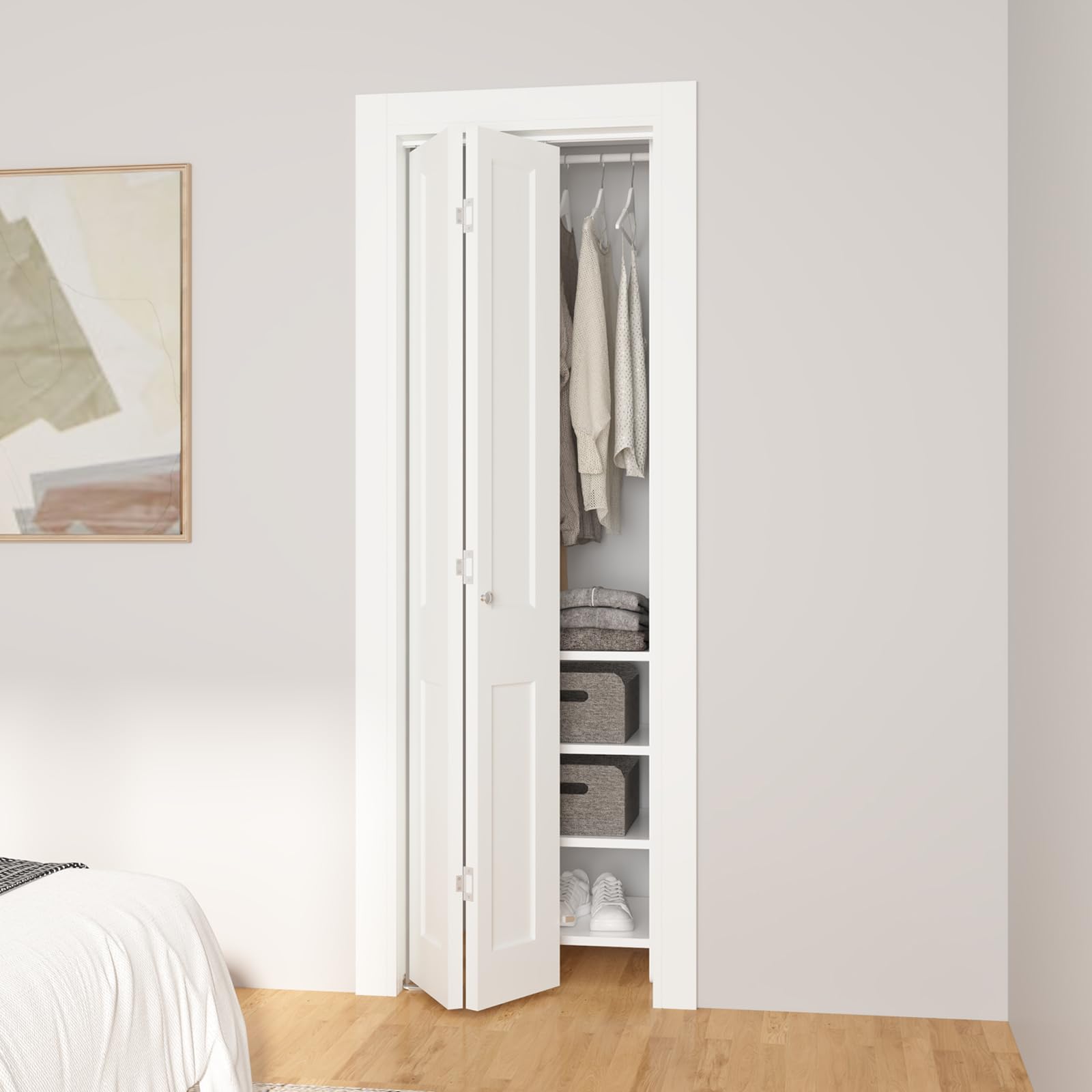 JUBEST 30in. x 80in. Bifold Door, 2 Panel Primed Bifold Interior Doors, Hollow Core Bi Fold Closet Door with Hardware Kit Include, Folding Doors for Laundry, Pantry & Bedroom ( One has a damaged shown in pictures)