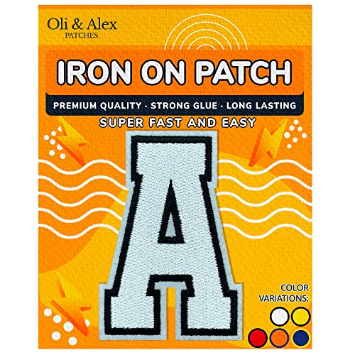 Iron on Letters Patches - White Letter Patch for Clothing - Embroidered Patches for Clothes - Embroidery Appliques Team School University - Sew on Appliques 3.2- inch - White, A