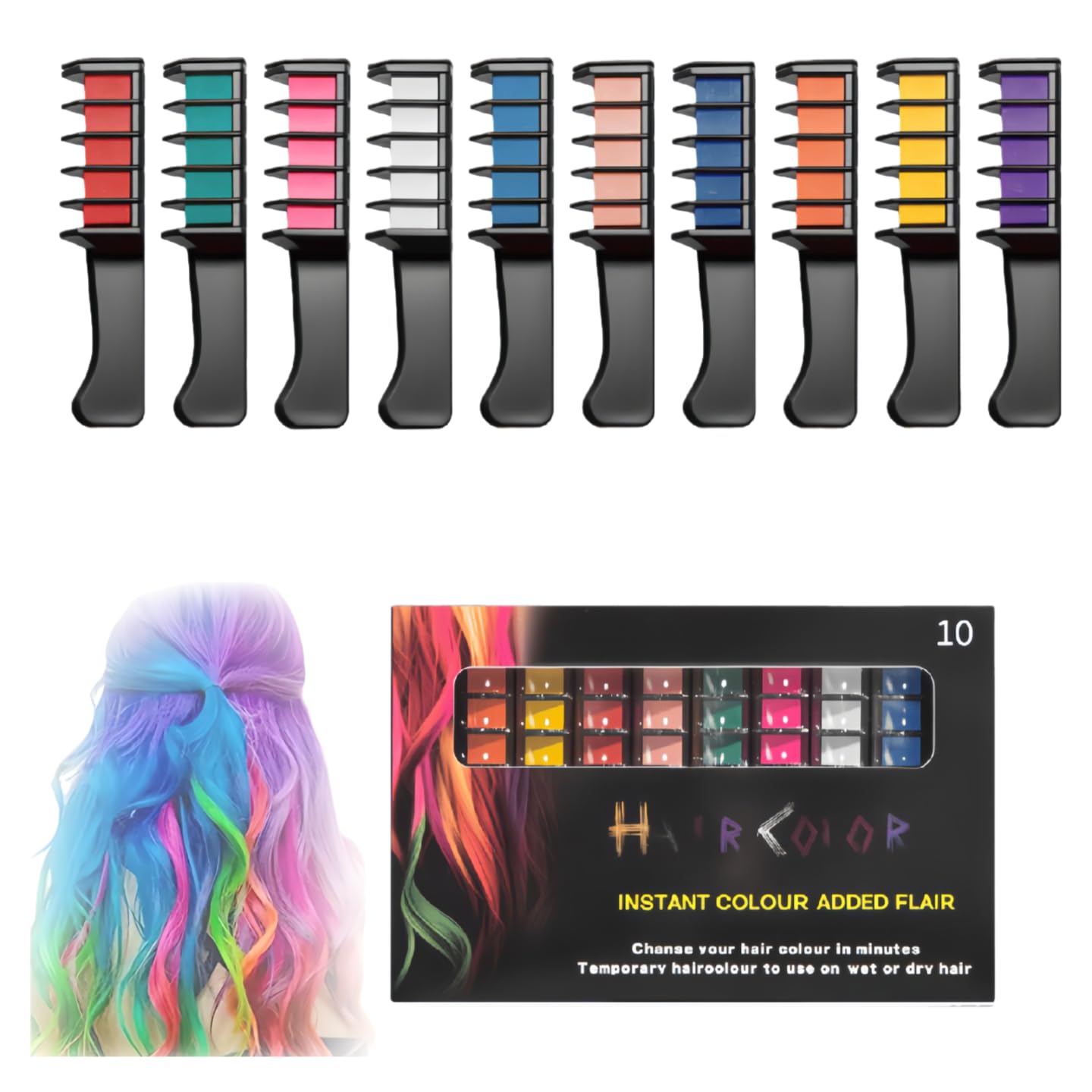 Festive Fun Hair Chalk Combs,10 Colors Instant Hair Color Comb Washable Quick Dry Vibrant Temporary Color for All Ages for Birthday Party, Christmas