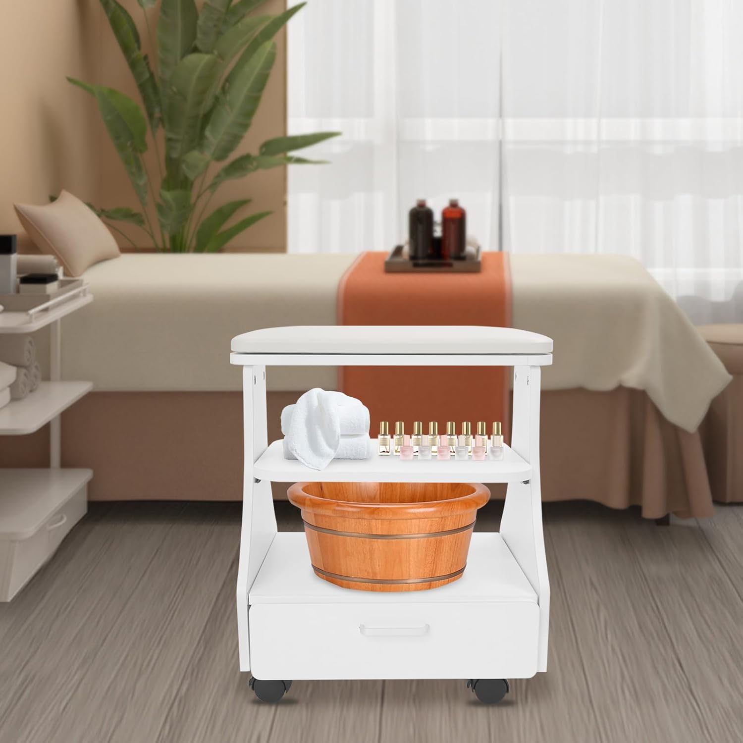 Pedicure Foot Rest, Manicure Foot Rest w/Wheels, Upgrade Widen Footrest Pedicure Foot Stool Stand, Portable Foot Bath Spa Cart Foot Massage Station Footrest, Home Beauty Salon Nail Foot Trolley Cart