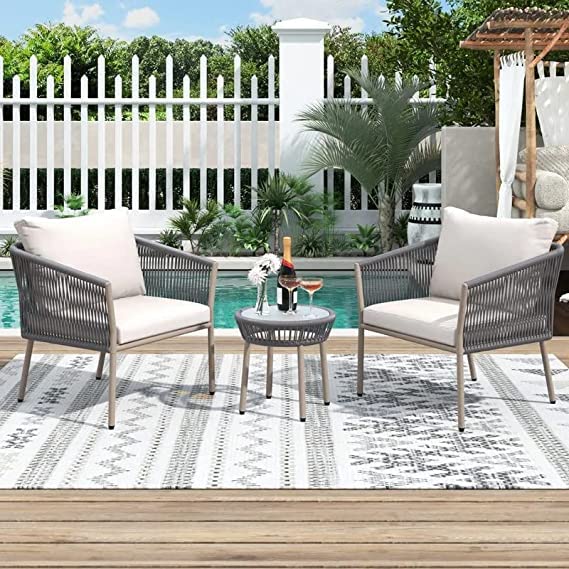 Craftmania Exports Patio Furniture Set, 3 Pieces Porch Backyard Garden Outdoor Furniture Rattan