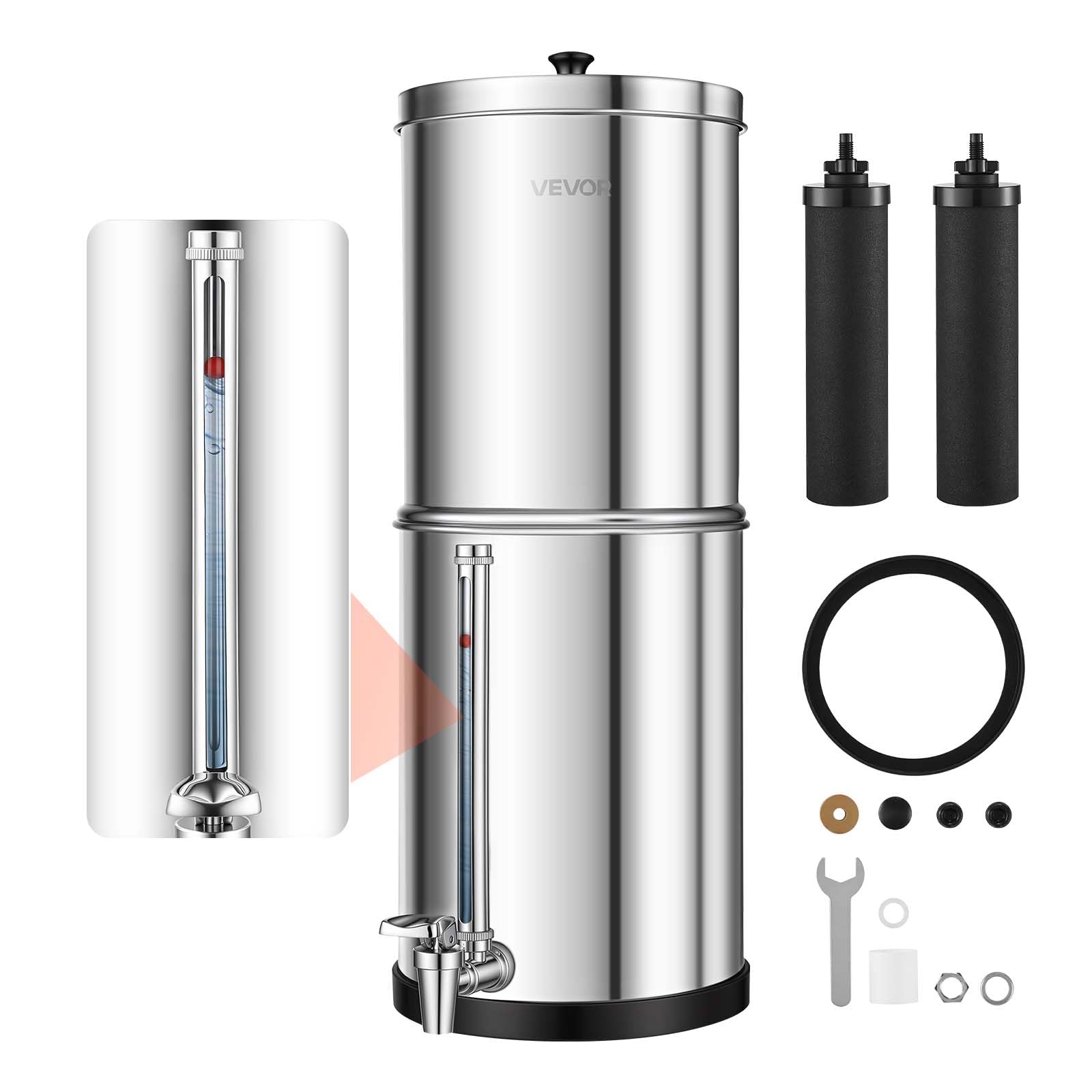VEVOR Sistema de Filtración de Agua por Gravedad 5,68 L Nivel Visible, De Acero Inoxidable, Reduce Plomo y Hasta 99% del Cloro, Con 2 Filtros de Carbón, Con Grifo y Soporte, Para Hogar, Camping