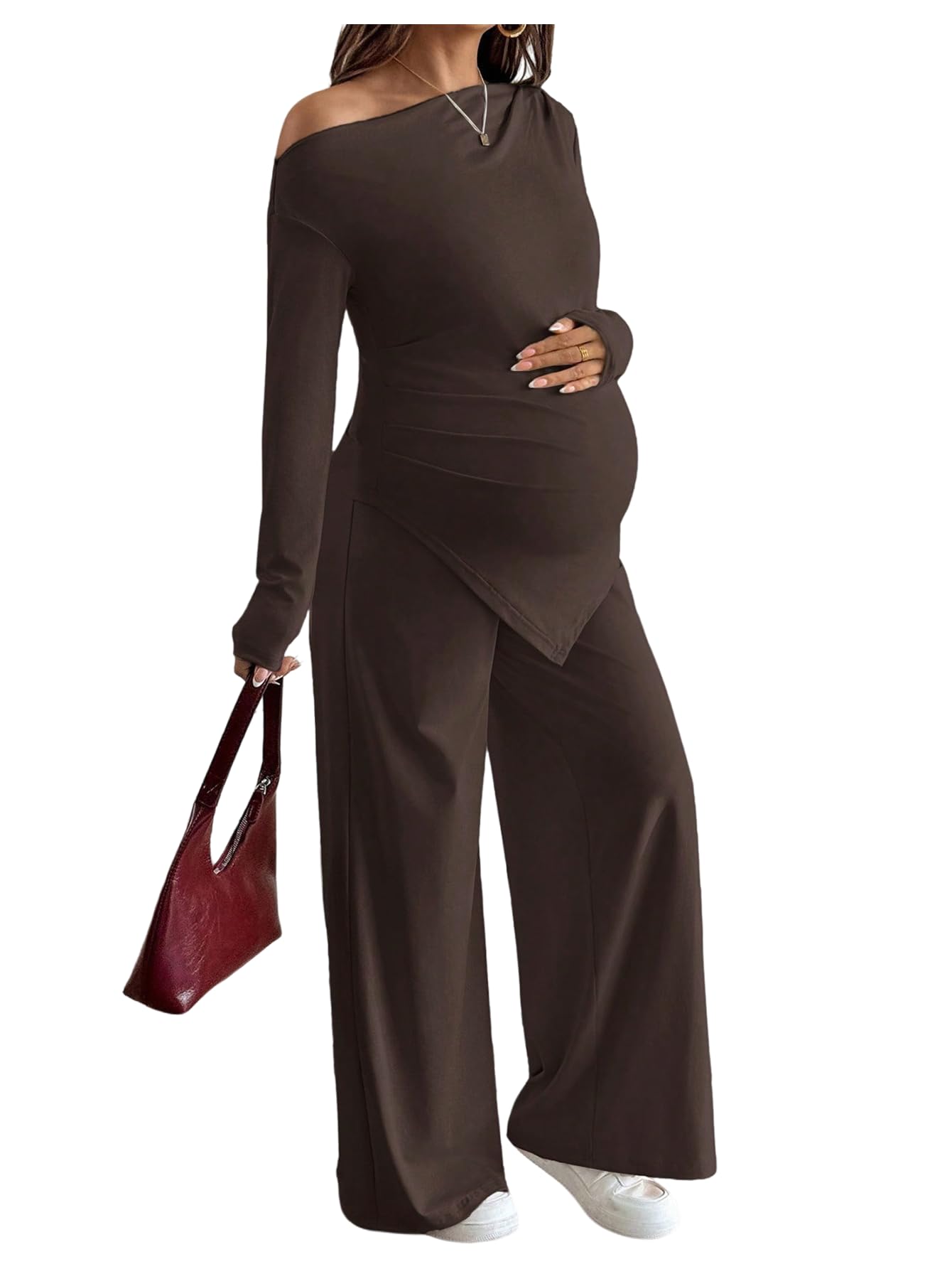 Women's Maternity Clothes 2 Piece Spring Outfits Asymmetrical Top and Pants Matching Sets, Brown, Large-image-47