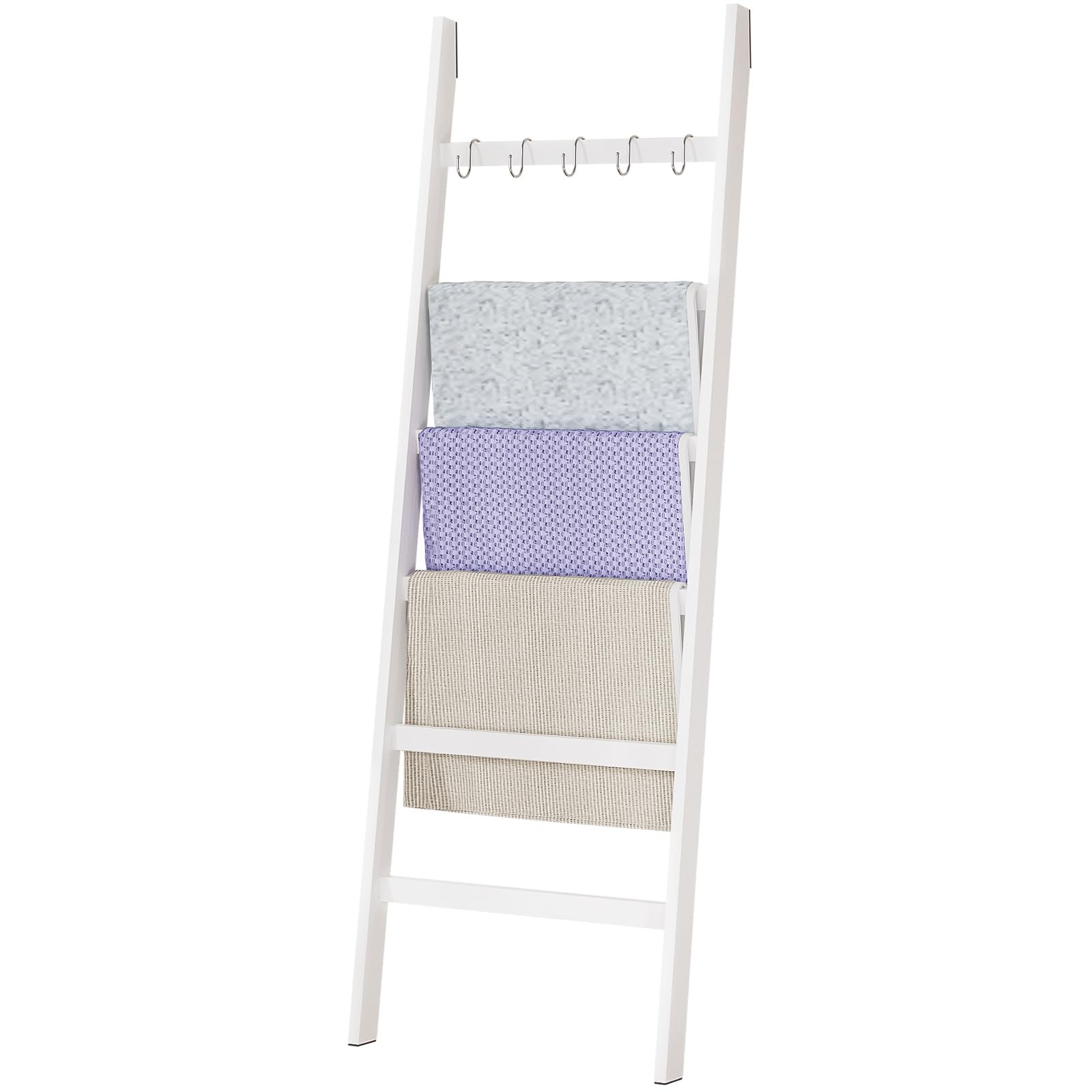 Yorbay Scala Portasciugamani in Bambù a 6 Pioli: Scala Porta Abiti con 2 Cinghie di Sicurezza e 5 Ganci - Portasciugamani Decorativa per Bagno Camera da Letto Piscina HxB 170 x 60 cm (Bianco)