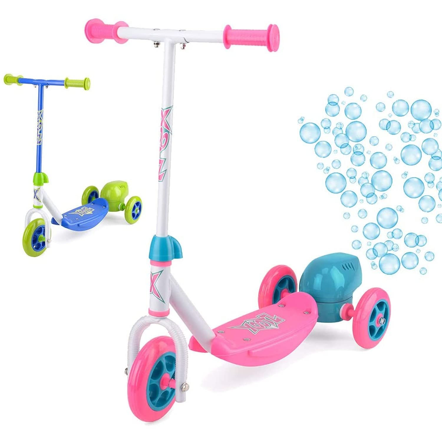 Kids Bubble Scooter, 3 Wheel Kick Scooter with Bubble Blower, Blue/Pink